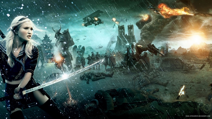 Emily Browning in a battle scene