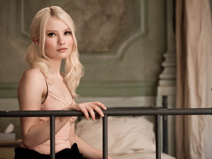 Emily Browning in a pink corset