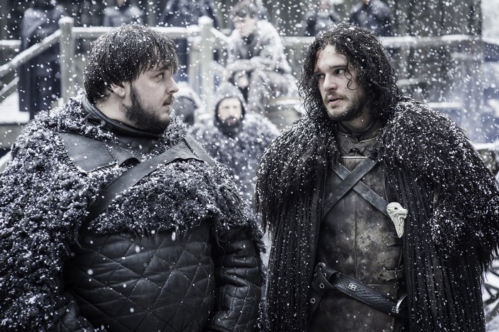 Samwell Tarly and Jon Snow from Game of Thrones in snow