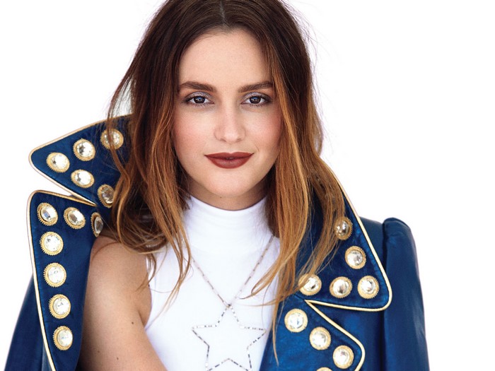 Leighton Meester in blue jacket