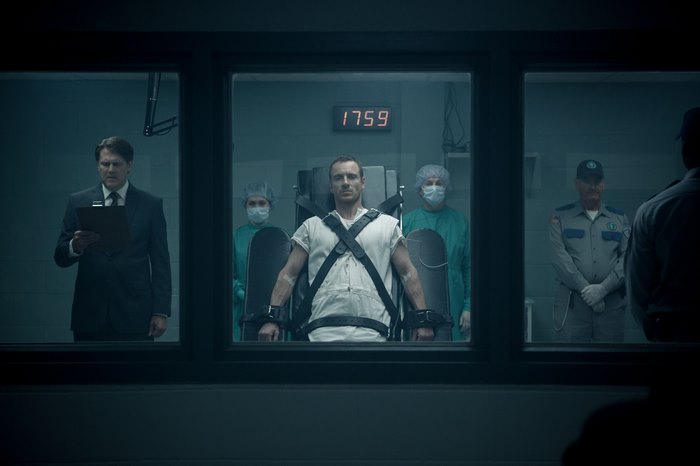 Michael Fassbender in a restraint chair