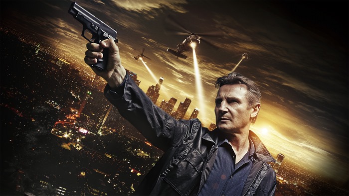 Liam Neeson with Gun and Helicopters over City