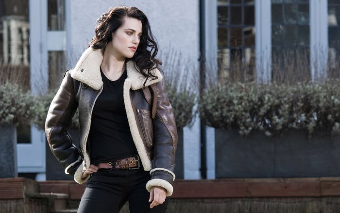 Katie McGrath in a leather jacket