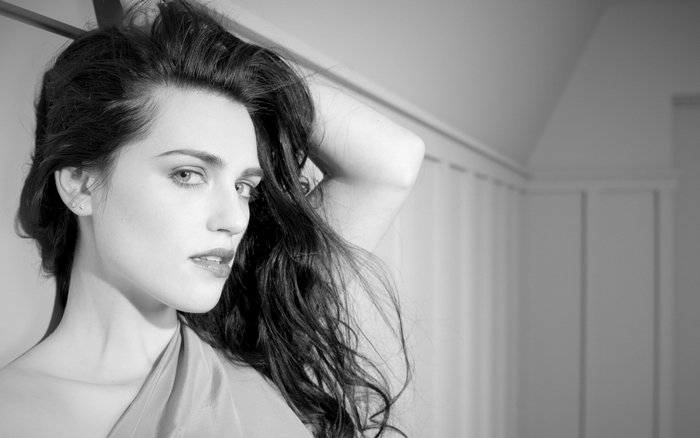 Katie McGrath posing for a black and white portrait