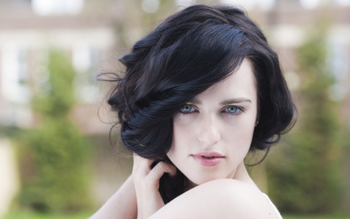 Katie McGrath Portrait with Dark Hair and Blue Eyes