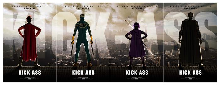 Kick-Ass movie posters with Red Mist, Kick-Ass, Hit-Girl, and Big Daddy