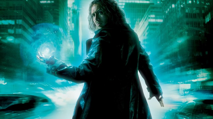 Nicolas Cage in a dark trench coat conjuring magic