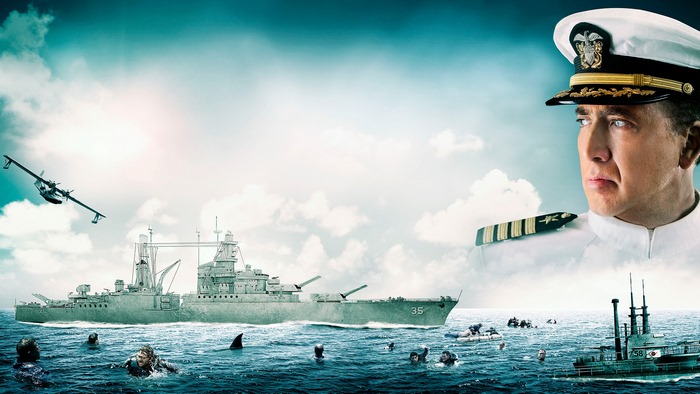 Nicolas Cage in a Navy uniform with ships and a plane