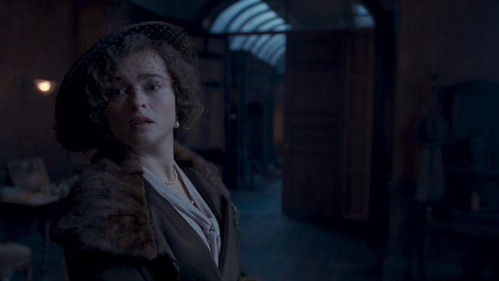 Helena Bonham Carter in a hat and fur coat