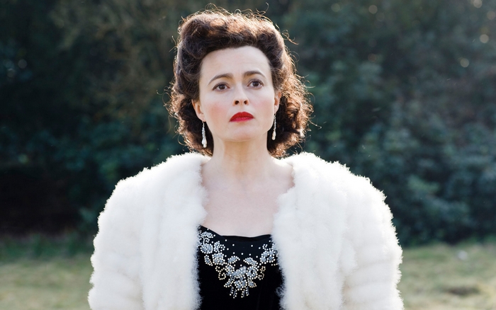 Helena Bonham Carter in a white fur coat
