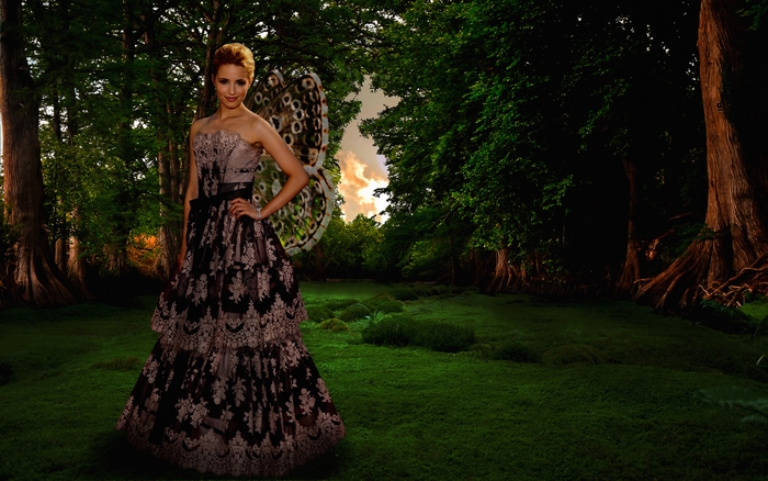 Dianna Agron in a fairy costume in a forest