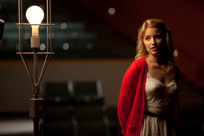 Dianna Agron in a red cardigan