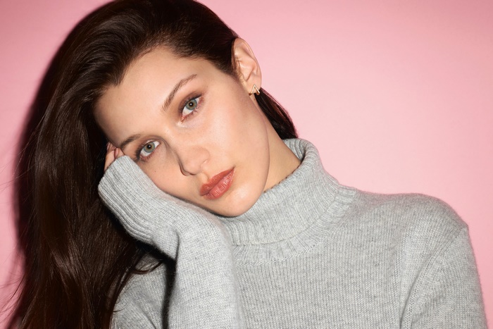 Bella Hadid wearing a grey turtleneck