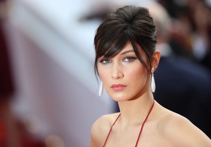 Bella Hadid Portrait with Elegant Updo and Earrings
