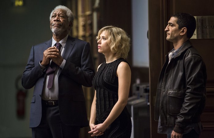 Morgan Freeman, Scarlett Johansson, and unknown man