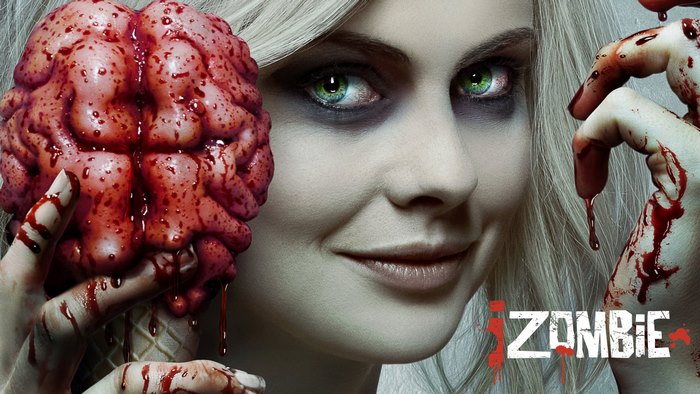Rose McIver as a zombie holding a bloody brain ice cream