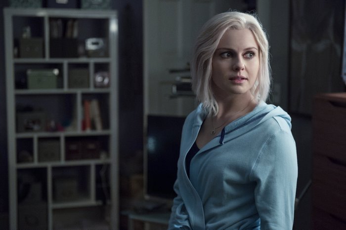 Rose McIver in a blue hoodie