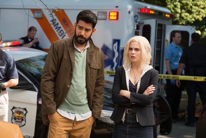 Rose McIver and Rahul Kohli at a crime scene