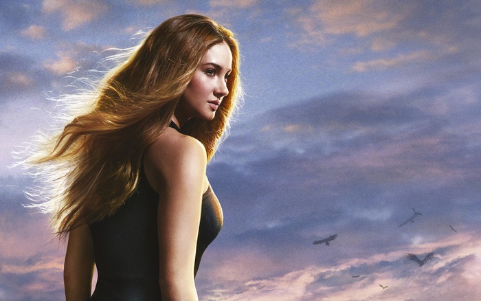 Shailene Woodley in a black dress against a cloudy sky