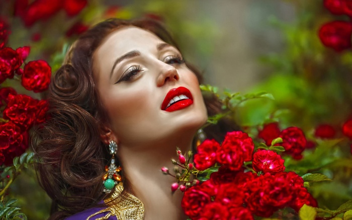 Woman with red lipstick and roses