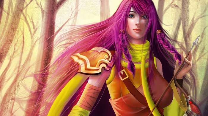 Woman with pink hair holding a spear