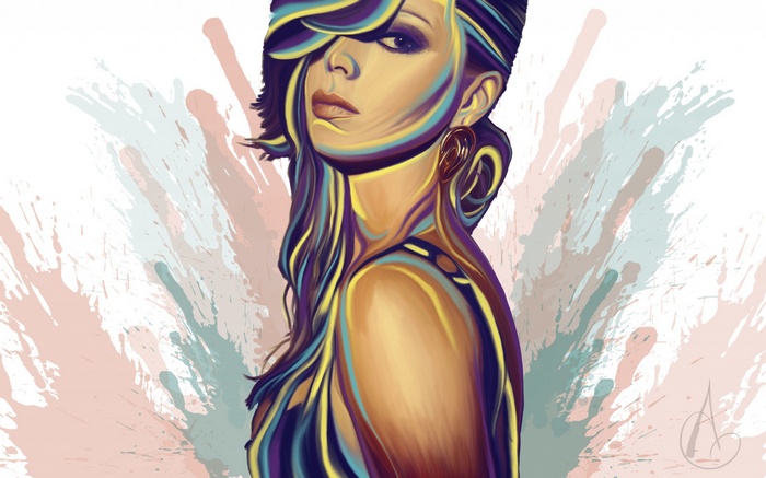 Woman with colorful abstract paint splatters