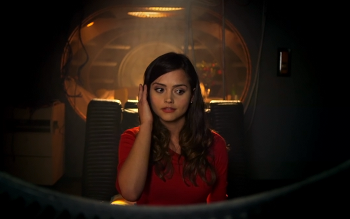 Jenna Coleman in a red shirt