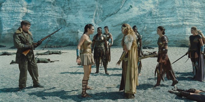 Wonder Woman and allies on a beach