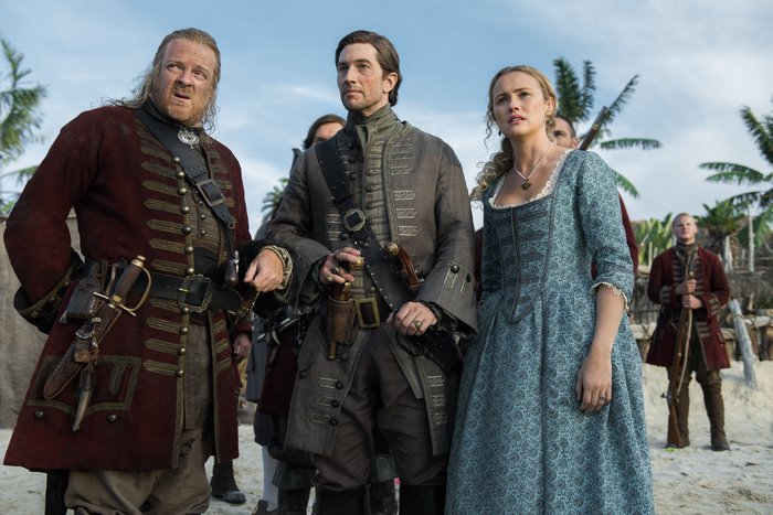 Hannah New and pirates on a beach