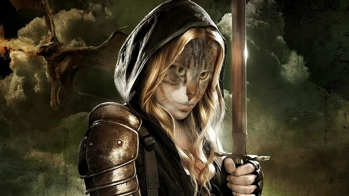 Cat-headed warrior with sword and dragon