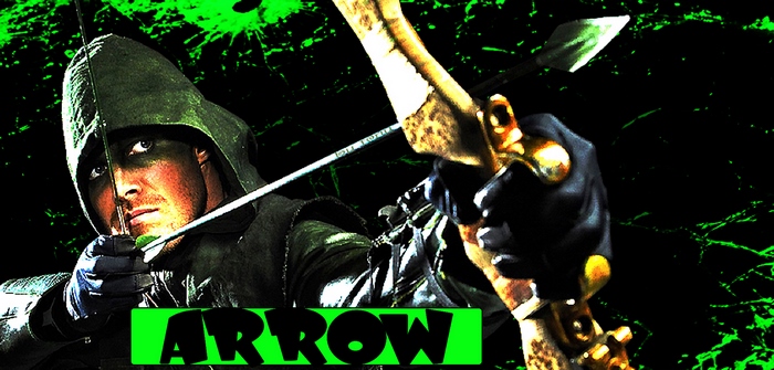 Stephen Amell as Arrow with a bow and arrow