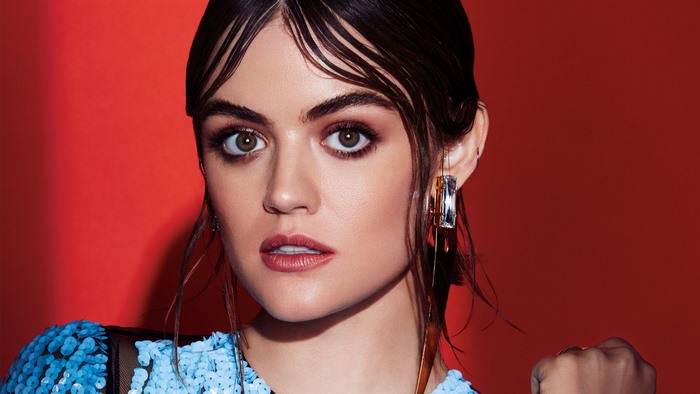Lucy Hale portrait with red background