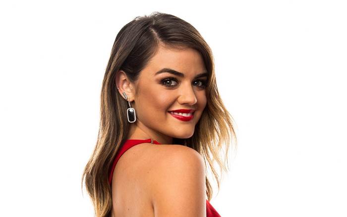 Lucy Hale in a red dress