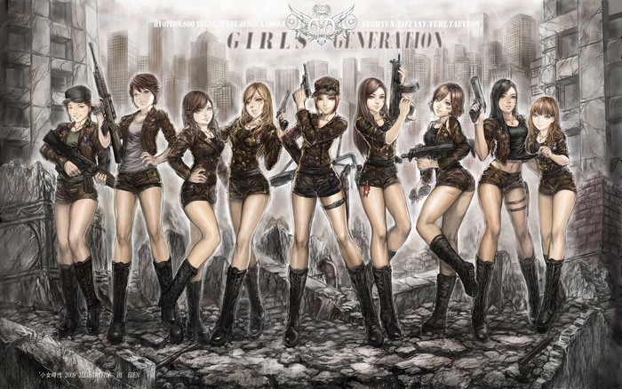 Girls Generation in military outfits with guns