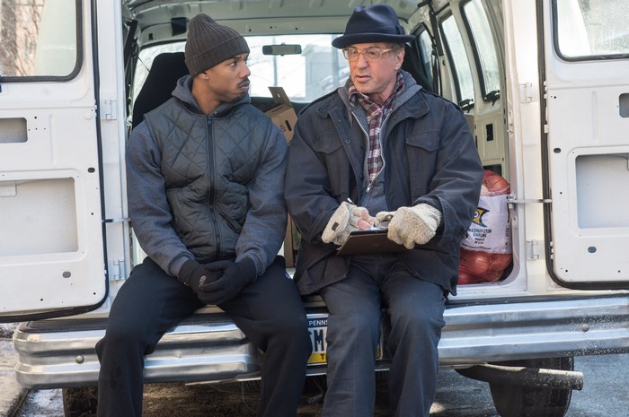 Michael B. Jordan and Sylvester Stallone in a van