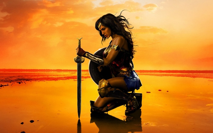 Wonder Woman kneeling with sword and shield