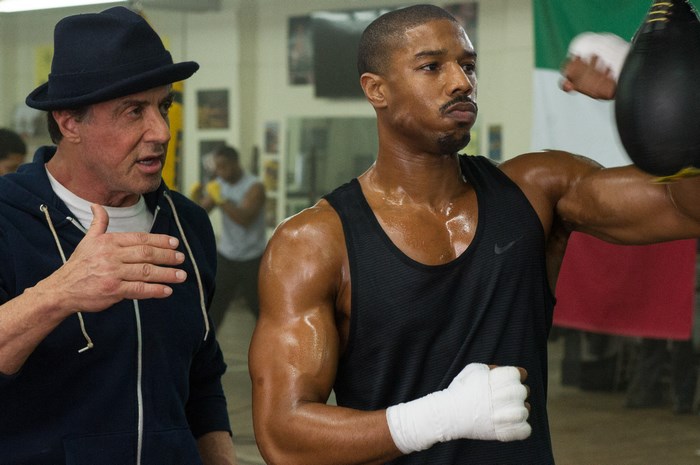 Michael B. Jordan and Sylvester Stallone in a boxing gym