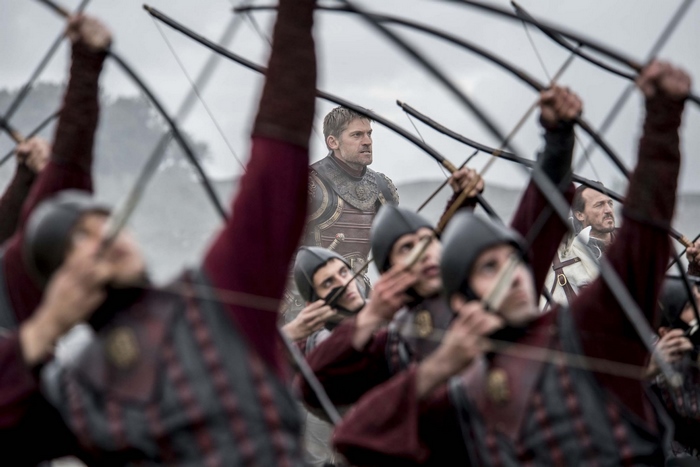 Jerome Flynn in armor with archers