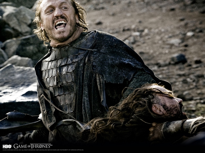 Bronn from Game of Thrones holding a man