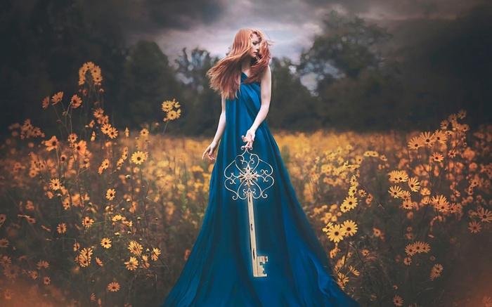 Woman in blue dress holding a large ornate key