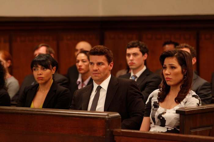 Michaela Conlin and David Boreanaz in court