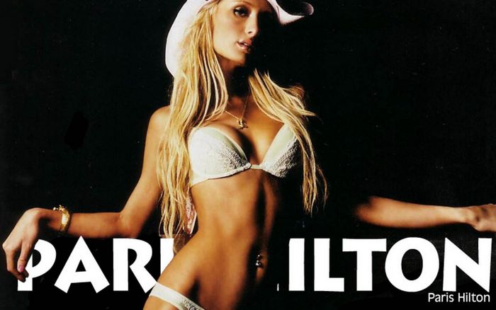 Paris Hilton in a white cowboy hat and bikini