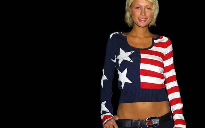 Paris Hilton wearing American flag sweater