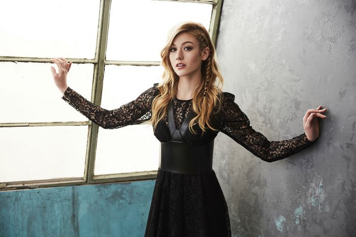 Katherine McNamara in black lace dress