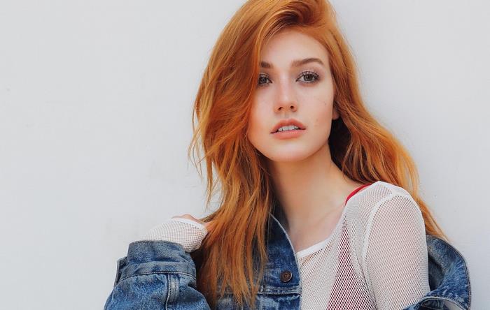 Katherine McNamara in denim jacket
