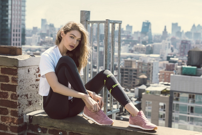 Gigi Hadid wearing Reebok on a rooftop