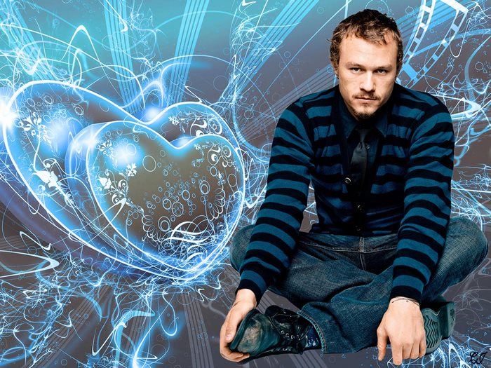 Heath Ledger sitting with blue hearts