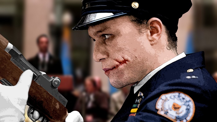 Heath Ledger as Joker holding a rifle