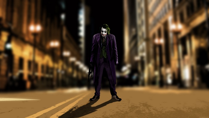 The Joker from The Dark Knight standing in a street