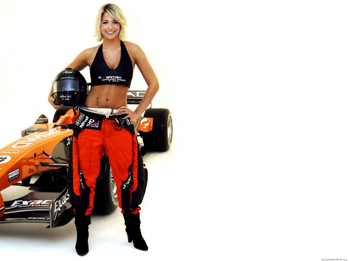 Gemma Atkinson with Formula 1 Car and Helmet